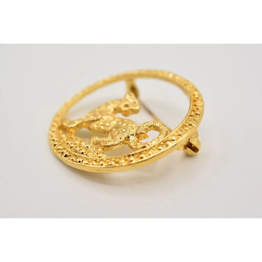 Vintage Leopard Pin Brooch Gold Wild Cat Jungle Antiqued Gold Tone 1980s 9B